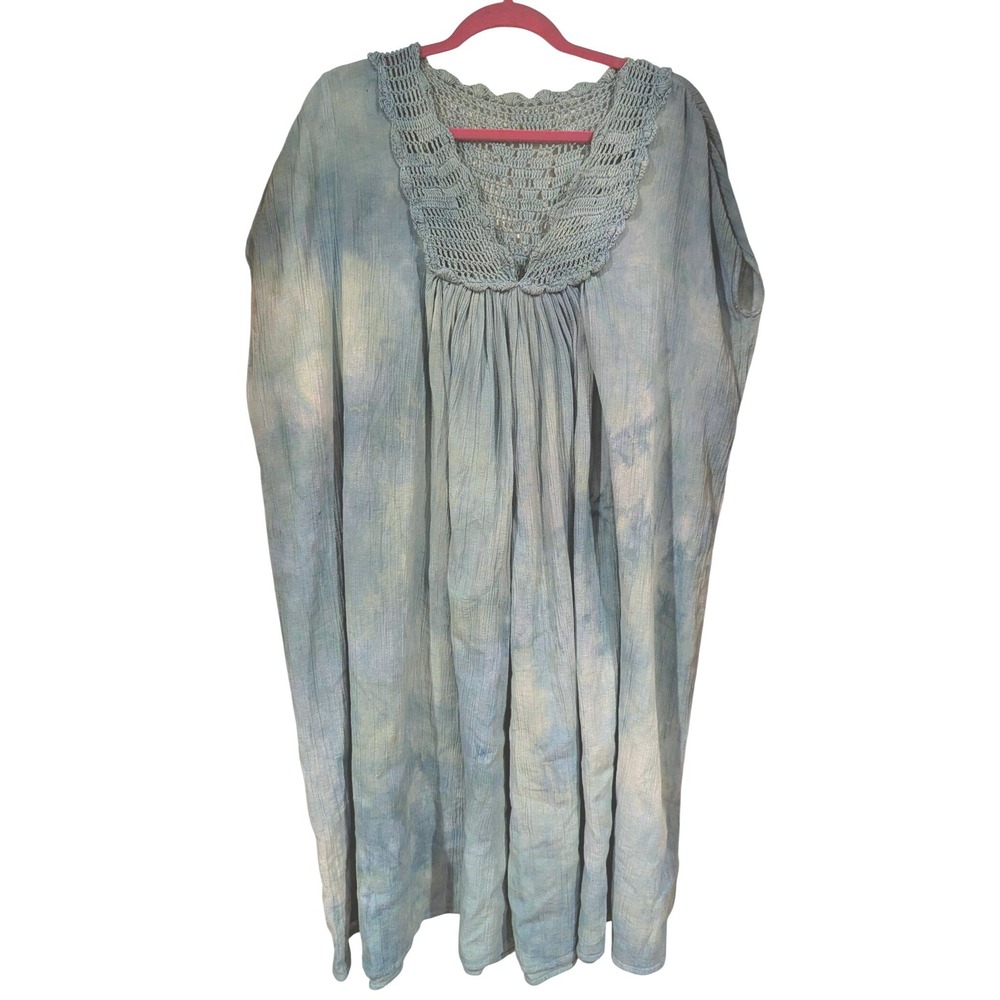 Suzie Kondi Kaftan Dress M Blue Tie Dye Crochet V-Neck Cotton Boho Maxi Relaxed